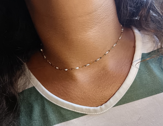 Women's choker necklace, gold-tone stainless steel chain with white enamel, handcrafted by Lesbijouxdannece