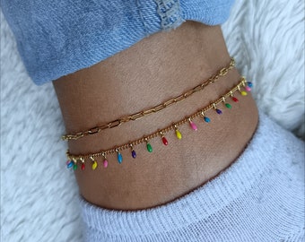 Bracelet chaîne de cheville double rang dorée acier inoxydable couleur or mailles ovales style bohème multicolores création artisanale