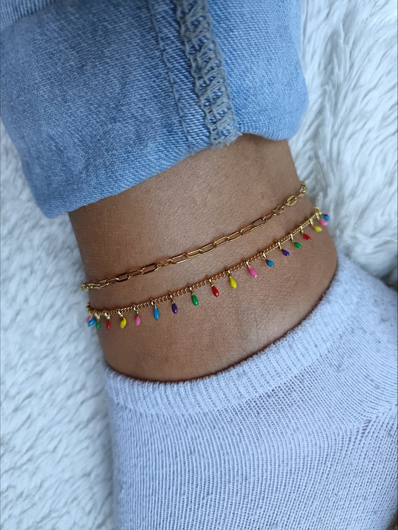 Gold-tone stainless steel double-strand anklet with oval links, multicolored boho style, handcrafted.