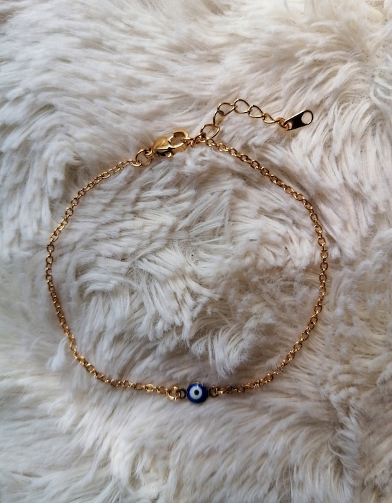 Gold chain bracelet, stainless steel, gold color, blue eye protection, Greek Matiasma Nazar Boncuk, Turkish, handcrafted, handmade