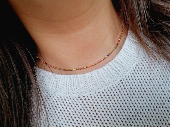 Women's necklace pendant, gold-tone stainless steel chain with multicolored bead links, handcrafted.