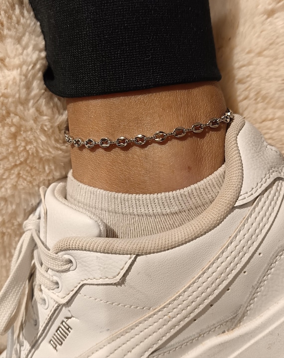 Silver or gold stainless steel anklet bracelet with coffee bean links