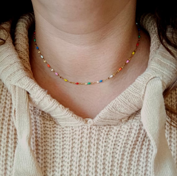Women's choker necklace, gold-tone stainless steel chain (304L), oval-shaped oval enamel beads, multicolored resin beads