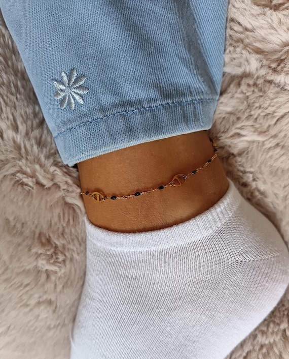 Gold-tone women's anklet bracelet in 304L stainless steel with black resin enamel beads, marine link, pig's nose clasp, ar design