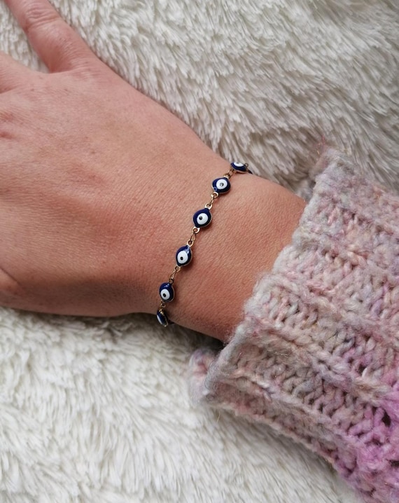 Gold chain bracelet, stainless steel, gold color, blue eye protection, multiple Greek Matiasma Nazar Boncuk, Turkish, handcrafted, handmade