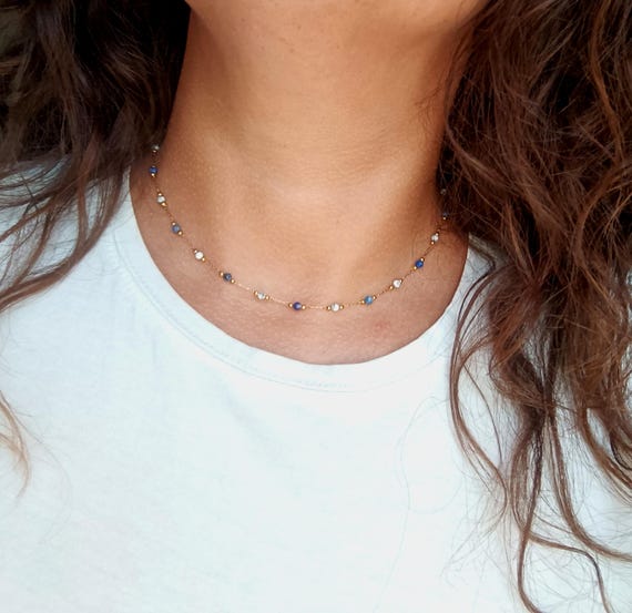 Women's choker necklace, gold chain, 304L stainless steel, gold color, royal blue marbled white and grey beads