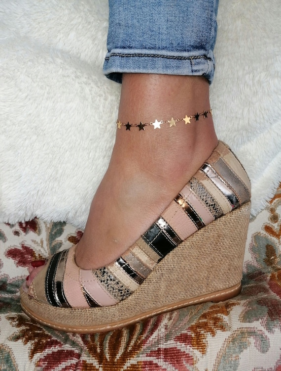 Gold-tone stainless steel anklet with stars, handcrafted, handmade