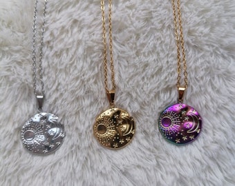 Women's necklace pendant chain in stainless steel, featuring a medallion in celestial shapes (moon, star, sun), available in your choice of color. Handmade.