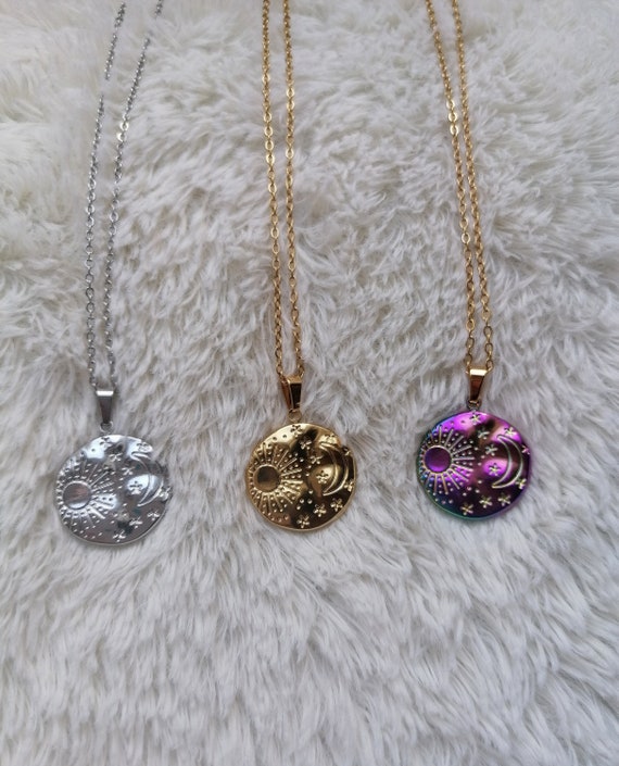 Women's necklace pendant chain in stainless steel, featuring a medallion in celestial shapes (moon, star, sun), available in your choice of color. Handmade.