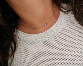 Collier femme ras de cou chaîne dorée ou argentée acier inoxydable œil bleu grec matiasma nazar boncuk turc création artisanale