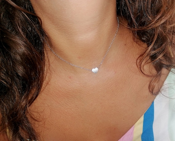 Women's choker necklace, silver-tone stainless steel chain, filled heart pendant, handcrafted.