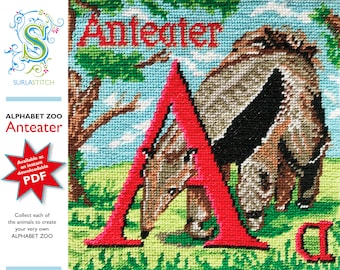 Alphabet Zoo - DIY Instant Digital Download PDF Chart - Cross-Stitch - Anteater