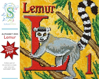 Alphabet Zoo - DIY Instant Digital Download PDF Chart - Cross-Stitch - Lemur