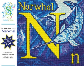 Alphabet Zoo - DIY Instant Digital Download PDF Chart - Cross-Stitch - Narwhal
