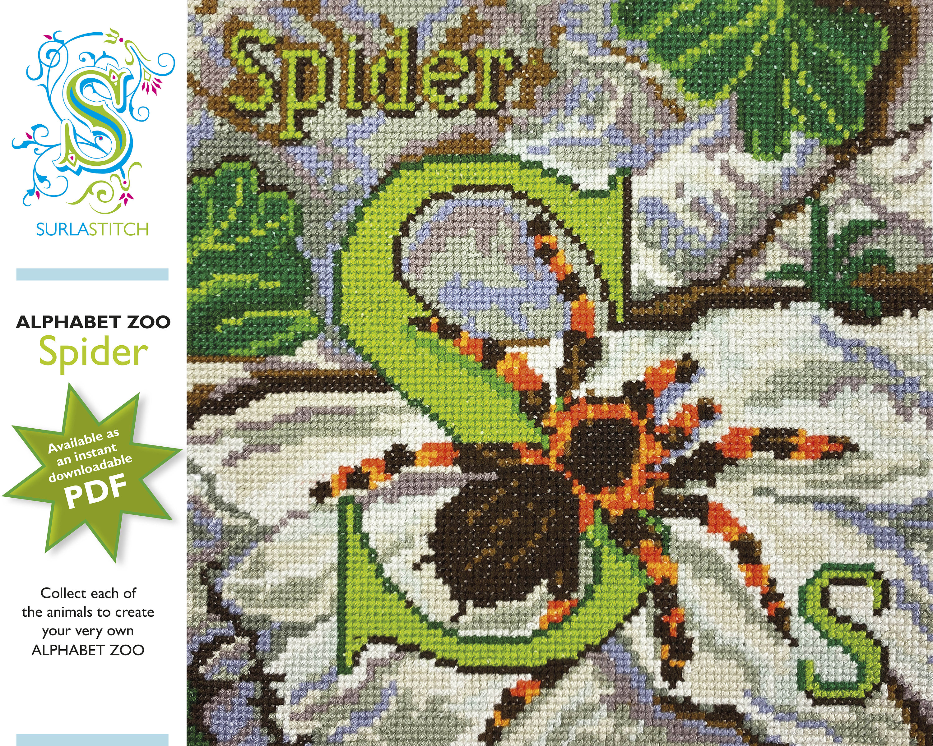 Alphabet Zoo - DIY Instant Digital Download PDF Chart - Cross-Stitch - Spider