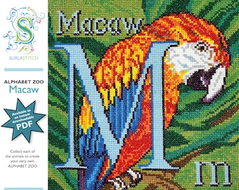 Alphabet Zoo - DIY Instant Digital Download PDF Chart - Cross-Stitch - Macaw