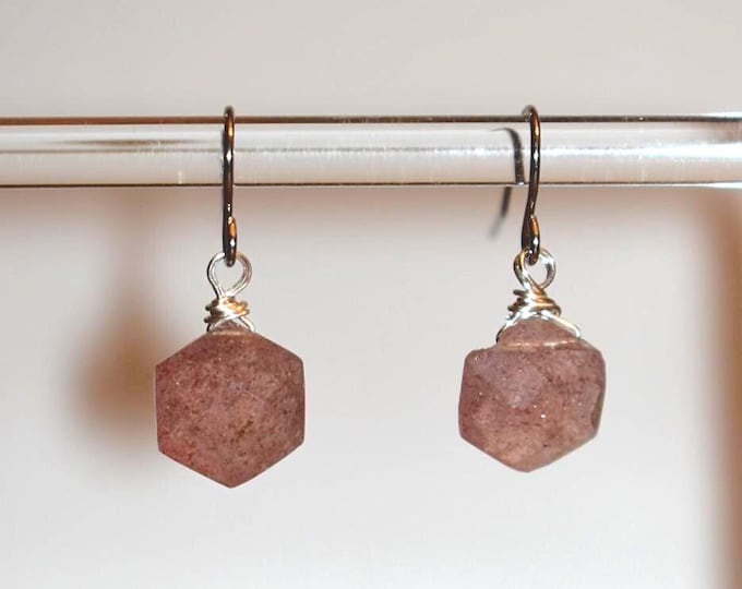 Strawberry Quartz Drop Earrings • Mini Gemstone Dangle Earrings • Natural Stone Jewelry