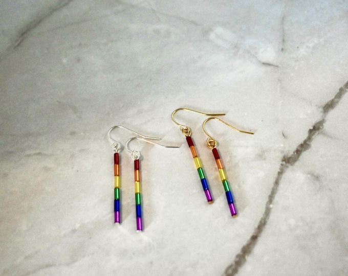 Rainbow Glass Earrings • Colorful Bar Dangle Earrings • Minimalist Pride Jewelry