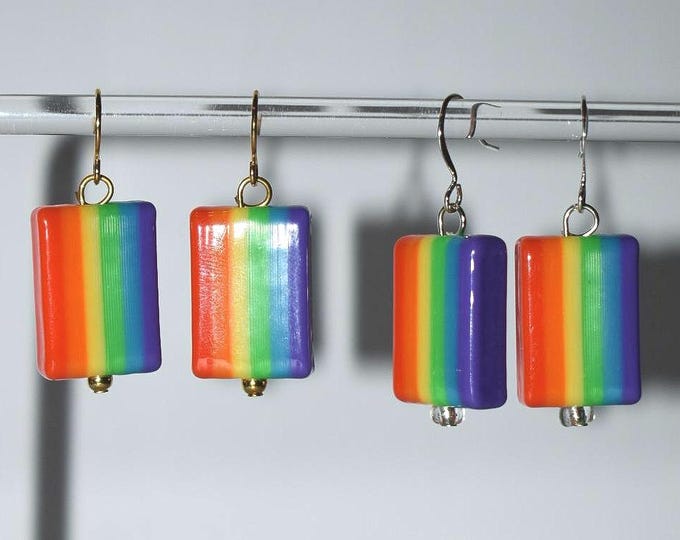 Rainbow Pride Acrylic Earrings • Glossy Rectangular Dangle Jewelry
