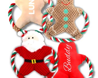 Custom Christmas Dog Toys – Gingerbread Man & Santa Plush Rope Toy – Personalised with Your Dog’s Name