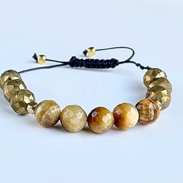 Bracelet Macrame réglable | Bracelet Mala empilable | Golden Tiger’s Eye, Druzy Agate | Bracelet de pierre gemme de guérison | Bracelet Mala d’or