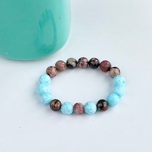 Women’s Healing Gemstone Bracelet - Hemimorphite, Zebra Jasper, Strawberry Agate Quartz, 10mm Beads