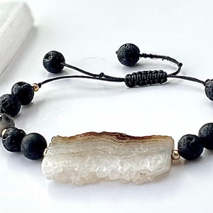 Adjustable Mala Bracelet For Men / Druzy Agate Quartz + Black Lava + Brown Opal + 24 Karat Gold Plated Beads / Men’s Macrame Quartz Bracelet