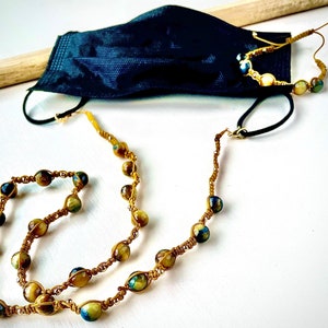 Mala Mask Chain & Bracelet | Jewelry Set | Blue Tiger’s Eye, 24k Gold | Unisex | Gold Chakra Lanyard | Glasses/Mask Lanyard | OfaKind.Design