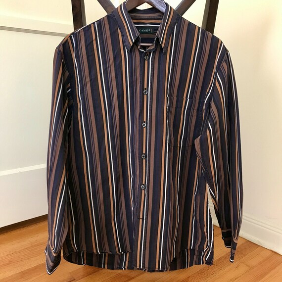 Vintage Canali Caramel-striped Italian Dress Shirt