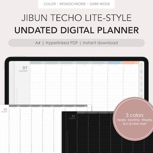 May include: A digital planner in three colours: black, white, and grey. The planner is undated and includes yearly, monthly, and weekly views. The planner starts on Sunday and Monday. The text "JIBUN TECHO LITE-STYLE UNDATED DIGITAL PLANNER" is displayed at the top of the image.