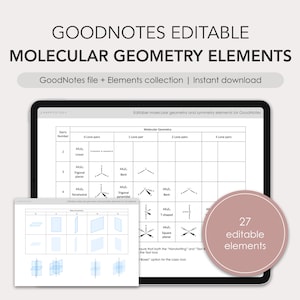Könnte beinhalten: Ein digitales Tablet zeigt ein druckbares Arbeitsblatt für GoodNotes, eine Notiz-App. Das Arbeitsblatt trägt den Titel "Molekulargeometrie-Elemente" und enthält eine Tabelle mit verschiedenen Molekülgeometrien und ihren entsprechenden Lewis-Strukturen. Das Arbeitsblatt enthält auch einen Abschnitt über Symmetrieelemente. Insgesamt gibt es 27 bearbeitbare Elemente.
