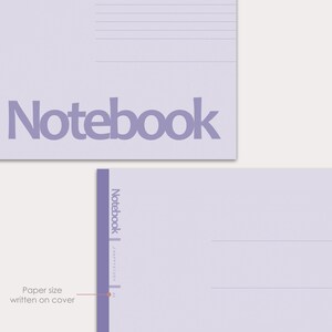 Pu&ograve; includere: Un quaderno viola con la parola "Notebook" stampata in bianco sulla copertina. La dimensione della carta &egrave; scritta sulla copertina.