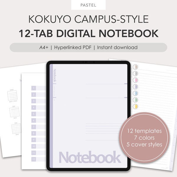 Cyfrowy notatnik w stylu Kokuyo Campus z 12 zakładkami | Pastelowe kolory | hiperłącze w formacie PDF
