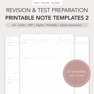 May include: Printable note templates for revision and test preparation. The templates feature a grid layout with sections for title, importance, question, answer, difficulty, date, and review. There are 27 templates in total.