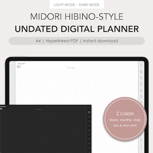May include: A digital planner in a light mode and dark mode view. The planner is undated and has a grid layout. The planner is in A4 size and is a hyperlinked PDF. The planner is available for instant download. The planner has two color options and includes yearly, monthly, and daily views. The planner starts with Sunday and Monday.