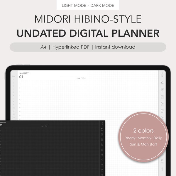 Midori Hibino-style undated digital planner | Monthly, Daily | Hyperlinked PDF