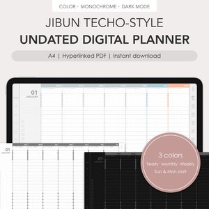 Puede incluir: Un planificador digital con tres opciones de color diferentes: blanco, gris y negro. El planificador no está fechado e incluye vistas anuales, mensuales y semanales. El texto "JIBUN TECHO-STYLE UNDATED DIGITAL PLANNER" se muestra en la parte superior de la imagen. El texto "A4 | Hyperlinked PDF | Instant download" se muestra debajo del título.