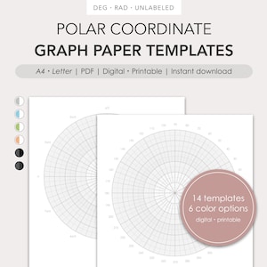 May include: Two printable polar coordinate graph paper templates. The templates are in black and white and have a grid pattern. The text "14 templates 6 colour options digital printable" is in a pink circle on the right side of the image.