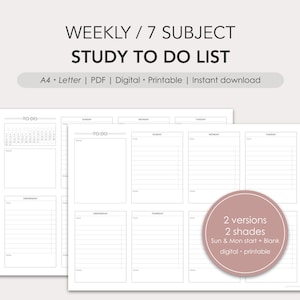 Könnte beinhalten: Druckbare wöchentliche Studien-To-Do-Liste mit sieben Themenbereichen. Die Liste enthält einen Kalender, eine To-Do-Liste und Platz für tägliche Aufgaben. Die Liste ist in zwei Versionen verfügbar, mit Startterminen Sonntag und Montag sowie einer leeren Version. Die Liste ist digital und druckbar.