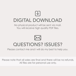 Pu&ograve; includere: Grafica di download digitale con un'icona di download, un'icona di busta e testo che dice "DOWNLOAD DIGITALE", "Nessun prodotto fisico verr&agrave; inviato per posta. Riceverai file PDF di alta qualit&agrave;.", "DOMANDE? PROBLEMI? Contattami e far&ograve; del mio meglio per aiutarti.", e "Si prega di notare che tutte le vendite sono definitive e non ci saranno rimborsi. Tutti i file sono per uso personale esclusivamente."