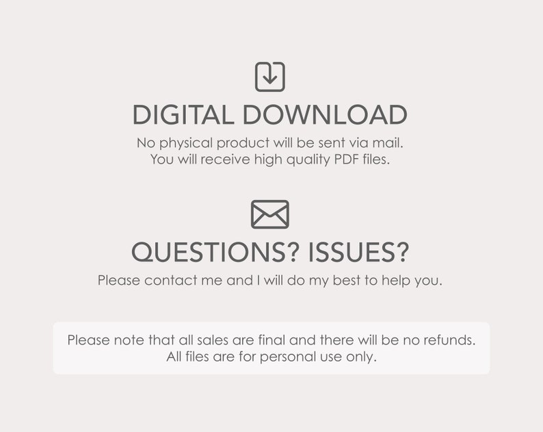 Pu&ograve; includere: Grafica di download digitale con un'icona di download, un'icona di busta e testo che dice "DOWNLOAD DIGITALE", "Nessun prodotto fisico verr&agrave; inviato per posta. Riceverai file PDF di alta qualit&agrave;.", "DOMANDE? PROBLEMI? Contattami e far&ograve; del mio meglio per aiutarti.", e "Si prega di notare che tutte le vendite sono definitive e non ci saranno rimborsi. Tutti i file sono per uso personale esclusivamente."
