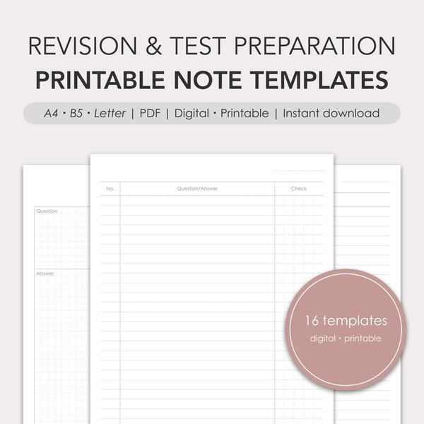 druckbare Notizvorlagen für Prüfung & Prüfungsvorbereitung | PDF | Digital, druckbar