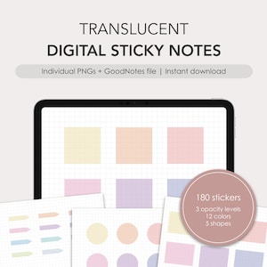 May include: A digital planner screen displaying a set of 180 translucent sticky notes in 5 shapes, 12 colors, and 3 opacity levels. The notes are displayed on a grid background. The text "180 stickers", "3 opacity levels", "12 colors", and "5 shapes" is displayed in a circle.