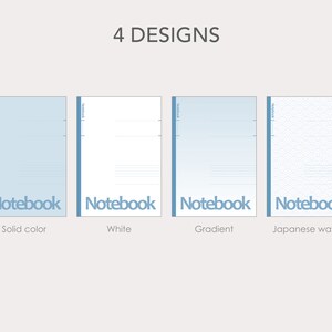 Pu&ograve; includere: Quattro design di copertine per quaderni: blu pieno, bianco, sfumatura di blu e bianco con un motivo a onde giapponesi. Ogni copertina ha la scritta "Notebook" stampata.