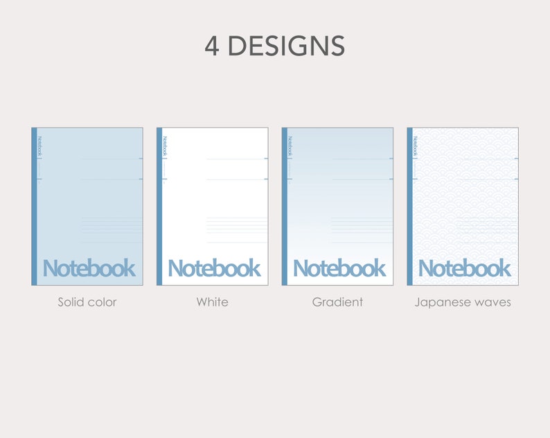Pu&ograve; includere: Quattro design di copertine per quaderni: blu pieno, bianco, sfumatura di blu e bianco con un motivo a onde giapponesi. Ogni copertina ha la scritta "Notebook" stampata.