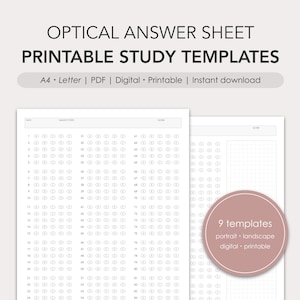 May include: Printable optical answer sheet templates in A4 and Letter sizes. The template has 84 questions with 4 answer choices each. The template is designed for digital use and printing.