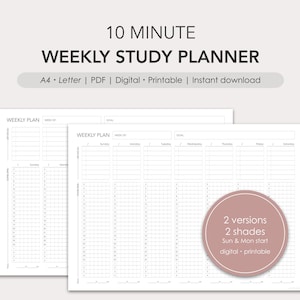 Pode incluir: Dois modelos de planejador de estudos semanais imprimíveis em preto e branco. O planejador é projetado para uma sessão de estudo de 10 minutos e inclui uma seção de objetivos, uma visão geral semanal e intervalos de tempo diários para cada dia da semana. O texto na imagem diz "10 MINUTE WEEKLY STUDY PLANNER A4 Letter | PDF | Digital Printable | Instant download 2 versions 2 shades Sun & Mon start digital printable".