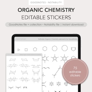 Puede incluir: Una pantalla de tableta digital que muestra 75 pegatinas de química orgánica editables en blanco y negro para GoodNotes y Notability. El texto "Elementos de química orgánica editables para GoodNotes" es visible en la parte superior de la pantalla.