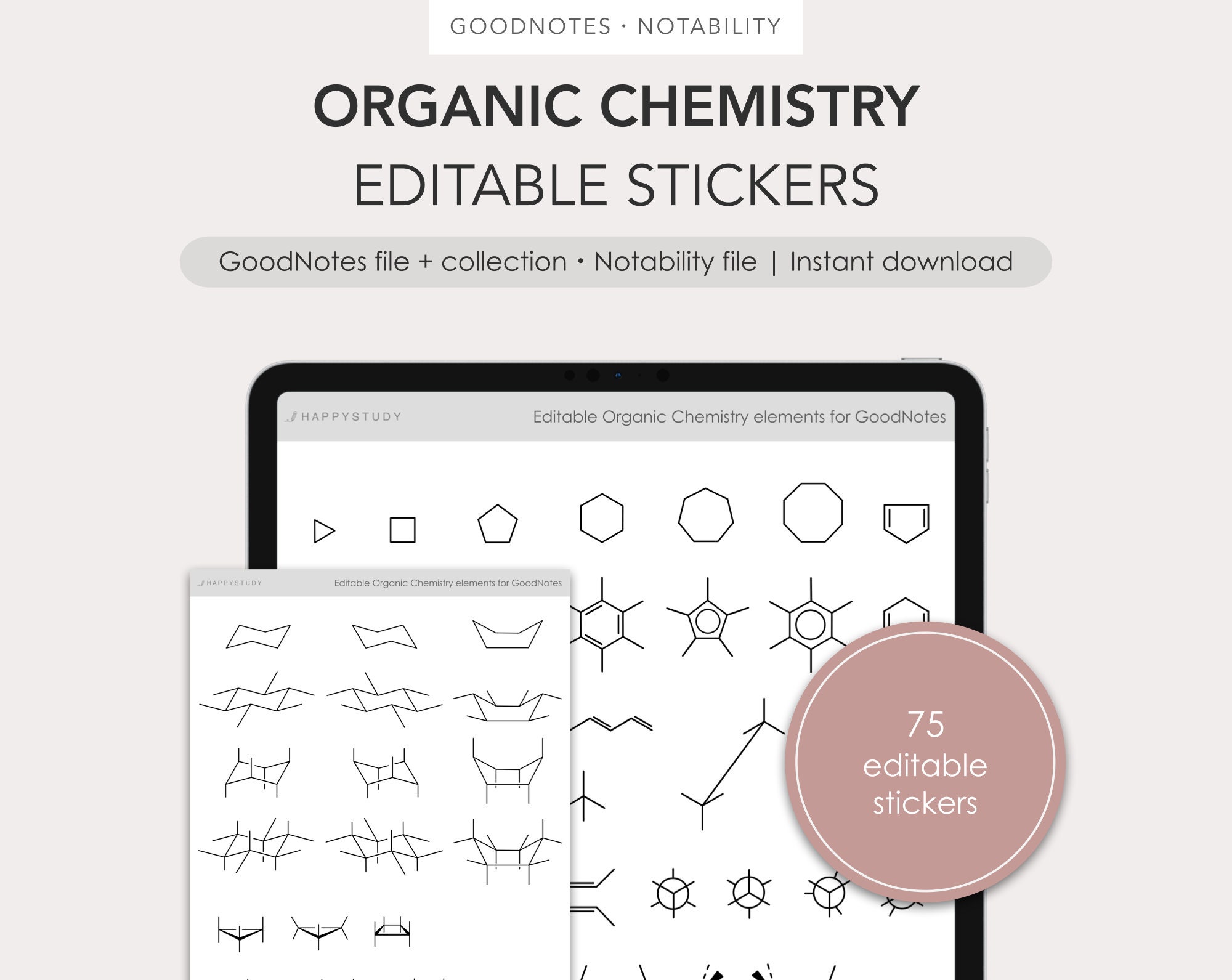 Editable color-changing organic chemistry elements/stickers for GoodNotes & Notability