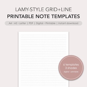 May include: Printable note templates with a grid and line design. The text at the top reads "LAMY-STYLE GRID+LINE PRINTABLE NOTE TEMPLATES". The templates are available in A4, A5, and Letter sizes, in PDF format, and are available for digital and printable use. A pink circle indicates 6 templates and 3 shades.